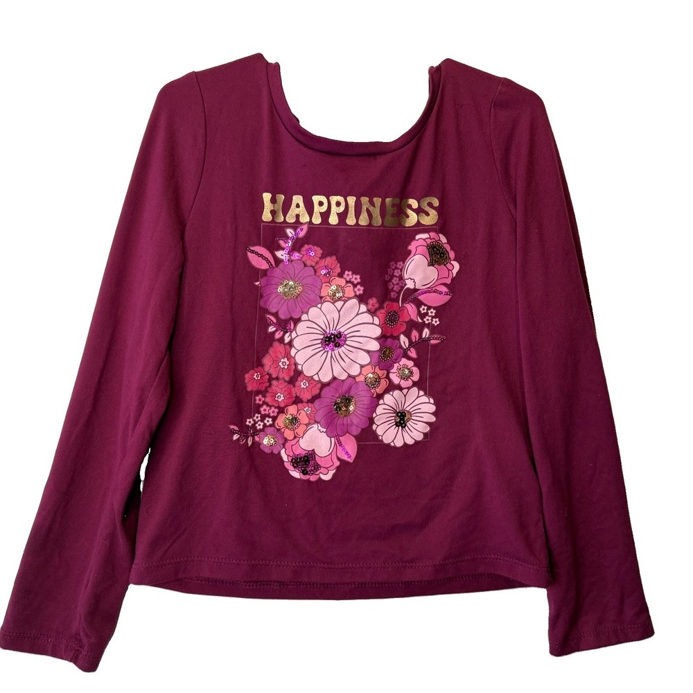 Btween Girls Size 7 Long Sleeve Tee Burgundy Happiness Floral Back To School